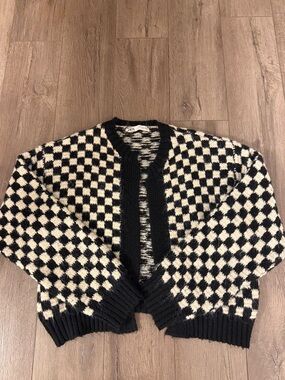 Zara Checked Black and Cream Knit Cardigan Sweater - Women's